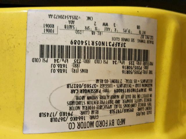 3FAFP31N05R154089 - 2005 FORD FOCUS ZX3 YELLOW photo 10