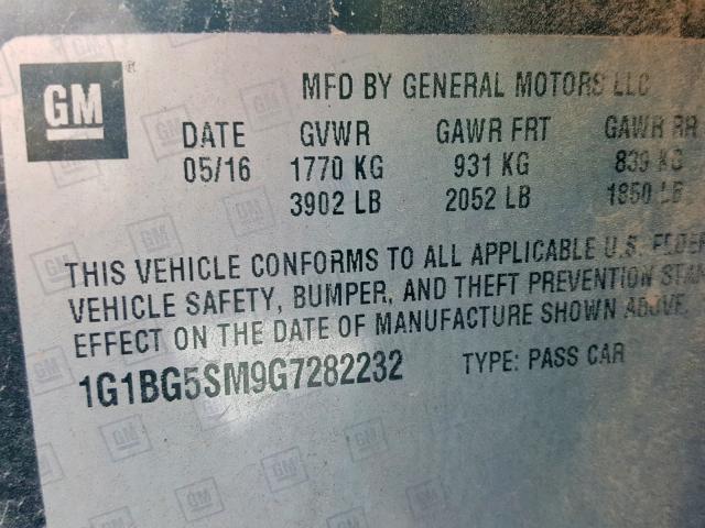 1G1BG5SM9G7282232 - 2016 CHEVROLET CRUZE PREM CHARCOAL photo 10