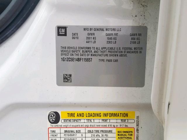 1G1ZC5E14BF115657 - 2011 CHEVROLET MALIBU 1LT 白色 照片 10