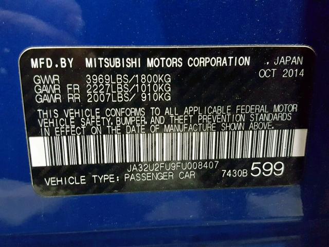 JA32U2FU9FU008407 - 2015 MITSUBISHI LANCER ES BLUE photo 10