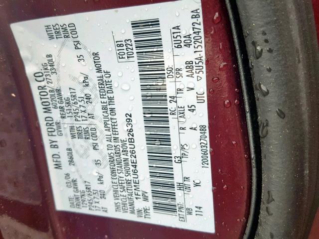 1FMEU64E26UB26392 - 2006 FORD EXPLORER E MAROON photo 10