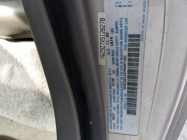 3VWCD21C0YM447181 - 2000 VOLKSWAGEN NEW BEETLE Gümüş foto 10