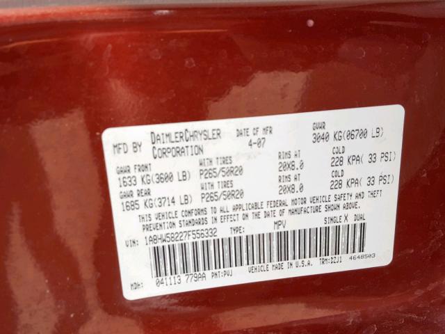 1A8HW58227F556332 - 2007 CHRYSLER ASPEN LIMI MAROON photo 10