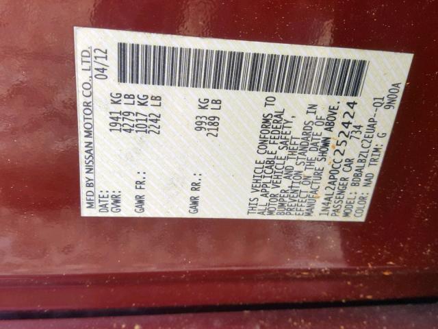 1N4AL2AP0CC252424 - 2012 NISSAN ALTIMA BAS RED photo 10