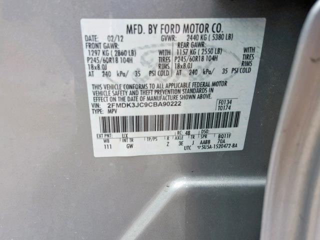 2FMDK3JC9CBA90222 - 2012 FORD EDGE SEL CHARCOAL photo 10