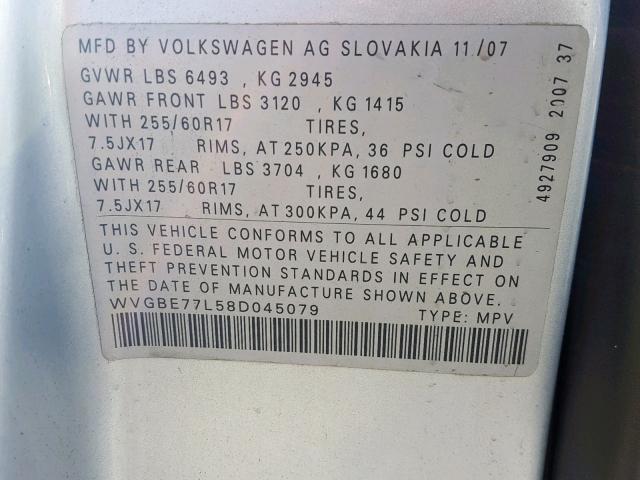 WVGBE77L58D045079 - 2008 VOLKSWAGEN TOUAREG 2 SILVER photo 10