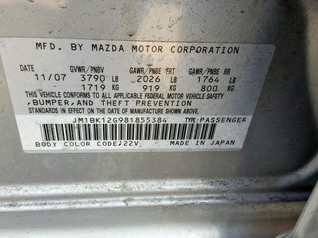 JM1BK12G981855384 - 2008 MAZDA 3 I SILVER photo 10