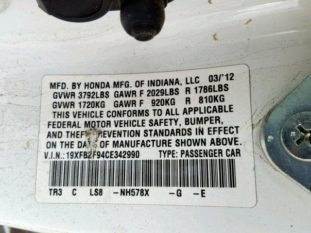 19XFB2F94CE342990 - 2012 HONDA CIVIC EXL 白色 照片 10