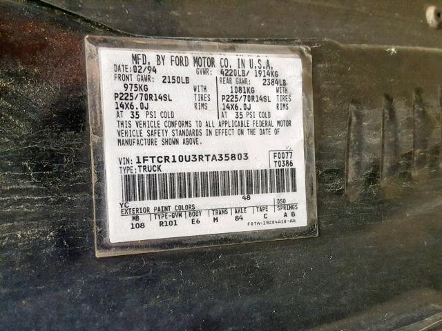 1FTCR10U3RTA35803 - 1994 FORD RANGER GRAY photo 10