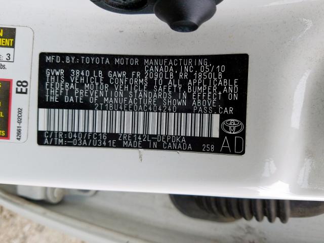 2T1BU4EE0AC404240 - 2010 TOYOTA COROLLA BASE  photo 10