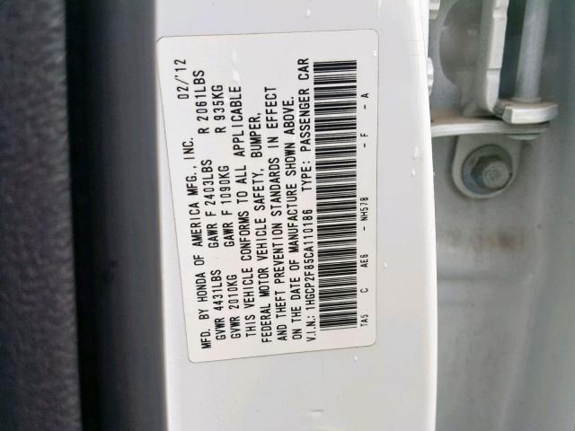 1HGCP2F85CA110186 - 2012 HONDA ACCORD EXL WHITE photo 10