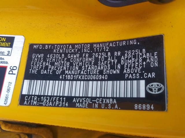 4T1BD1FKXCU060940 - 2012 TOYOTA CAMRY HYBR YELLOW photo 10