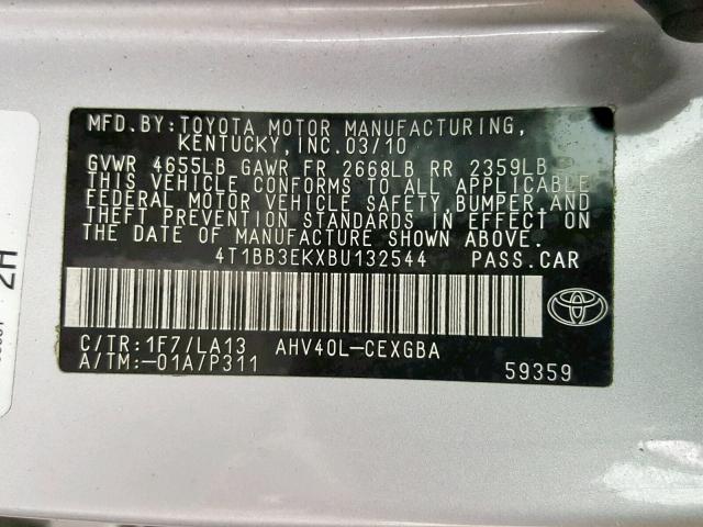 4T1BB3EKXBU132544 - 2011 TOYOTA CAMRY HYBR SILVER photo 10