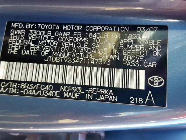 JTDBT923471147373 - 2007 TOYOTA YARIS BLUE photo 10