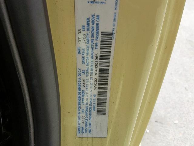 3VWCD21Y84M303965 - 2004 VOLKSWAGEN NEW BEETLE Sarı foto 10