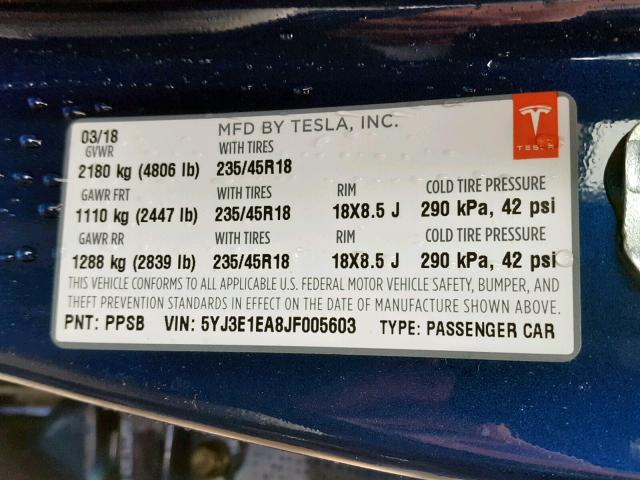 5YJ3E1EA8JF005603 - 2018 TESLA MODEL 3 BLUE photo 10