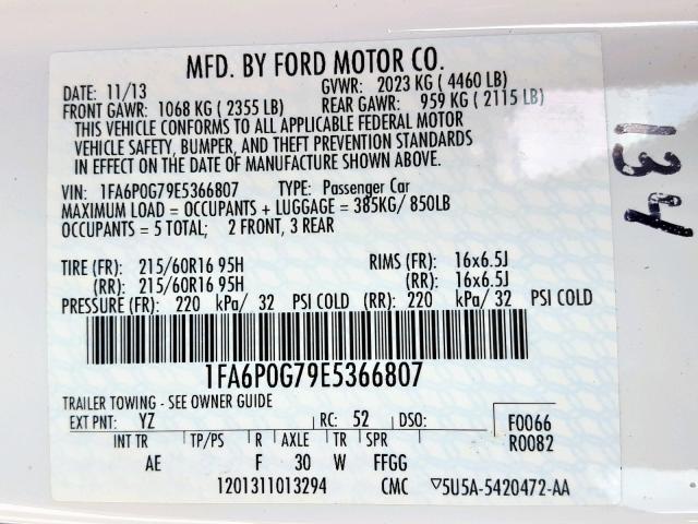 1FA6P0G79E5366807 - 2014 FORD FUSION S WHITE photo 10