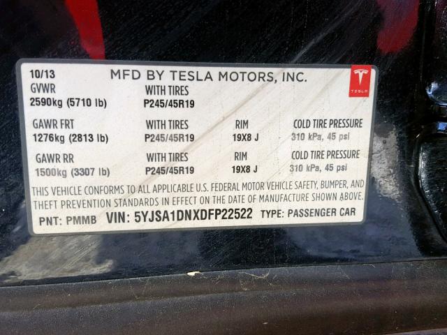 5YJSA1DNXDFP22522 - 2013 TESLA MODEL S أزرق صورة 10