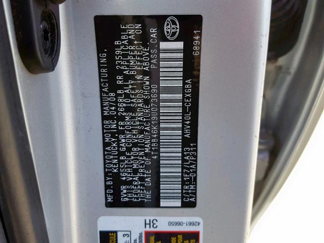 4T1BB46K19U073690 - 2009 TOYOTA CAMRY HYBR SILVER photo 10