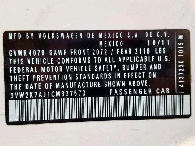 3VW2K7AJ1CM337570 - 2012 VOLKSWAGEN JETTA BASE WHITE photo 10
