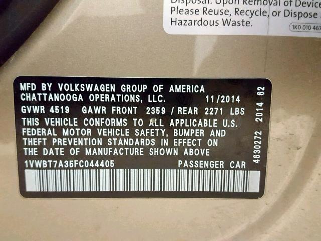 1VWBT7A35FC044405 - 2015 VOLKSWAGEN PASSAT SE GOLD photo 10