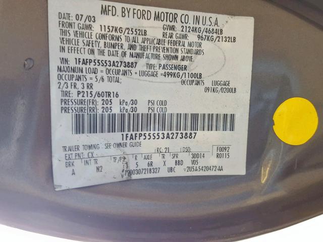 1FAFP55S53A273887 - 2003 FORD TAURUS SES GRAY photo 10