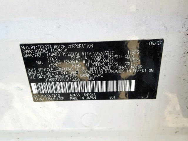 JTMBD31V975113256 - 2007 TOYOTA RAV4 LIMIT WHITE photo 10