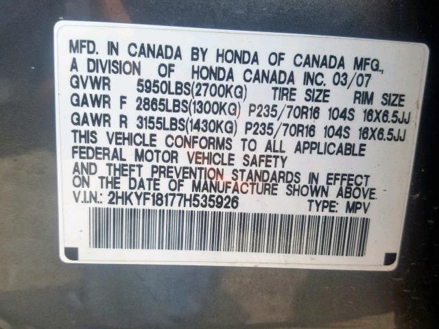 2HKYF18177H535926 - 2007 HONDA PILOT LX GRAY photo 10