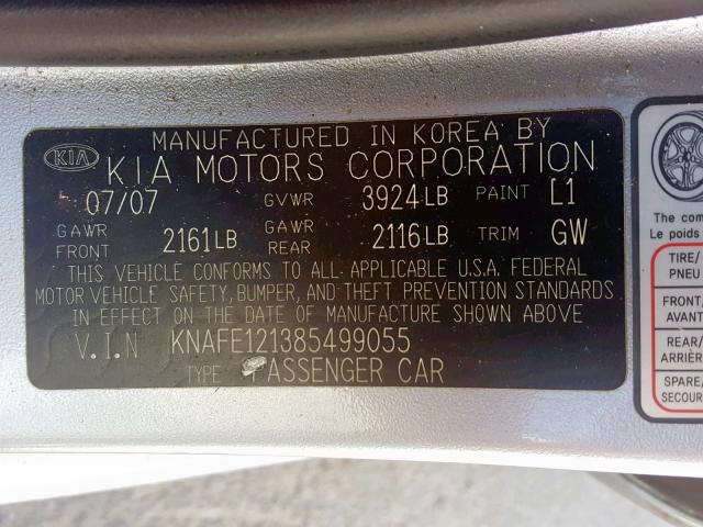 KNAFE121385499055 - 2008 KIA SPECTRA EX BLUE photo 10