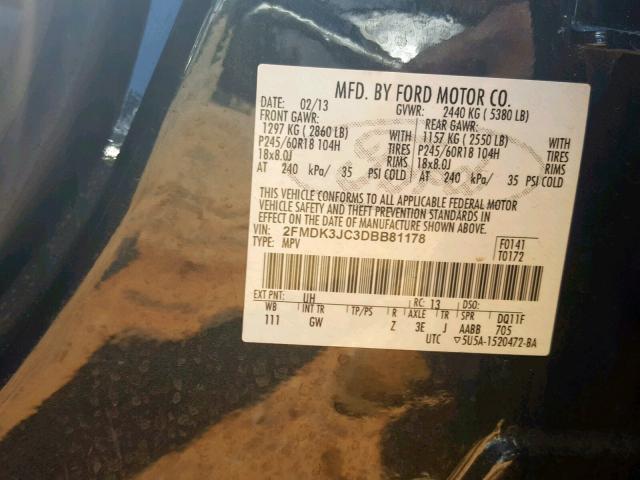 2FMDK3JC3DBB81178 - 2013 FORD EDGE SEL BLACK photo 10