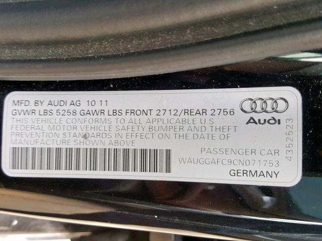 WAUGGAFC9CN071753 - 2012 AUDI A6 PREMIUM BLACK photo 10