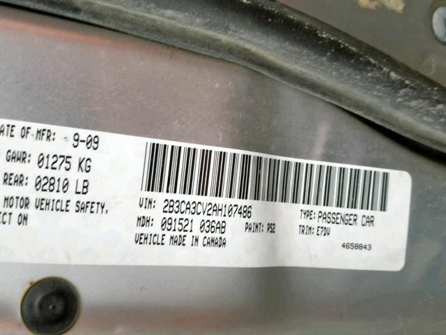 2B3CA3CV2AH107486 - 2010 DODGE CHARGER SX SILVER photo 10