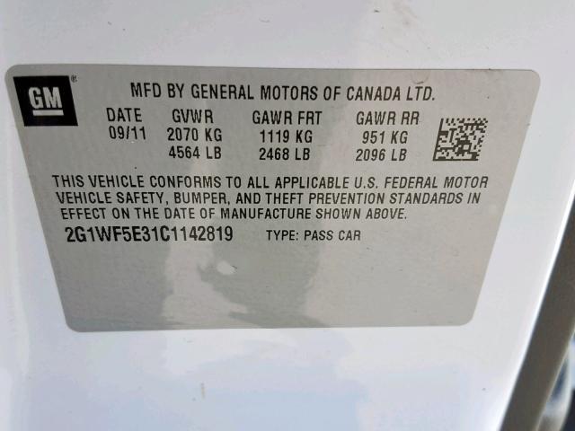 2G1WF5E31C1142819 - 2012 CHEVROLET IMPALA LS WHITE photo 10