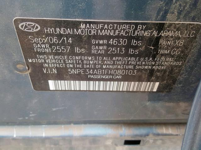 5NPE34AB1FH080103 - 2015 HYUNDAI SONATA SPO BLUE photo 10