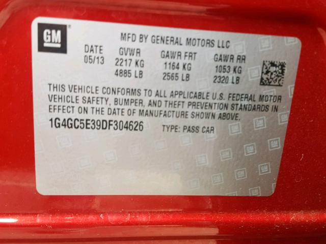 1G4GC5E39DF304626 - 2013 BUICK LACROSSE RED photo 10