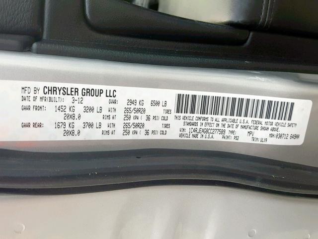 1C4RJEAG8CC277589 - 2012 JEEP GRAND CHER SILVER photo 10