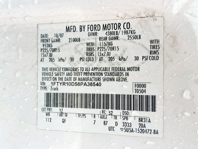 1FTYR10D58PA38540 - 2008 FORD RANGER WHITE photo 10