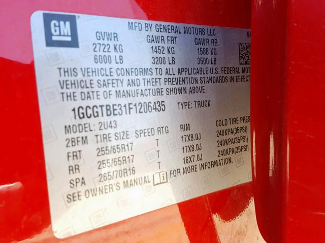 1GCGTBE31F1206435 - 2015 CHEVROLET COLORADO L RED photo 10