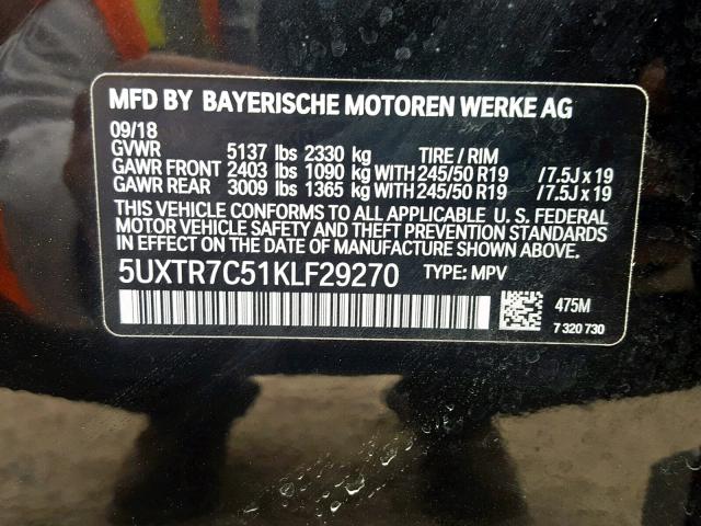 5UXTR7C51KLF29270 - 2019 BMW X3 SDRIVE3 BLACK photo 10