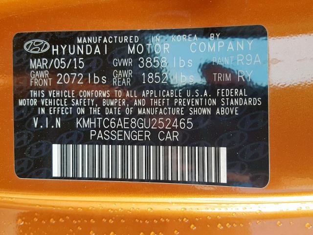 KMHTC6AE8GU252465 - 2016 HYUNDAI VELOSTER T ORANGE photo 10