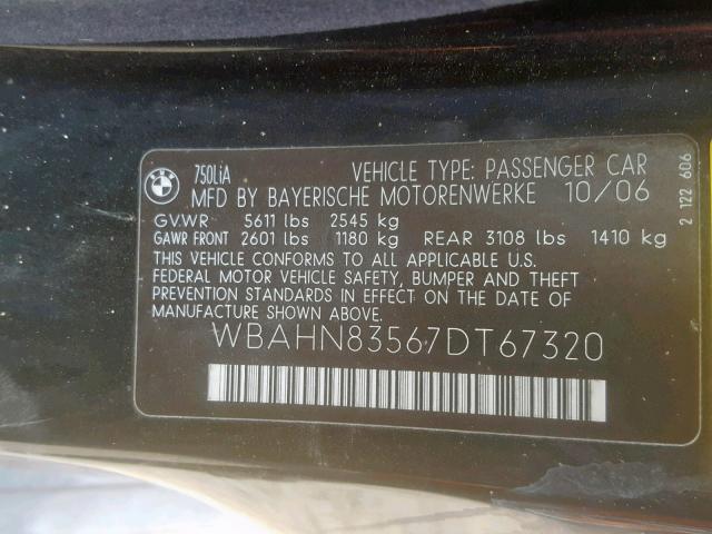 WBAHN83567DT67320 - 2007 BMW 750 BLACK photo 10