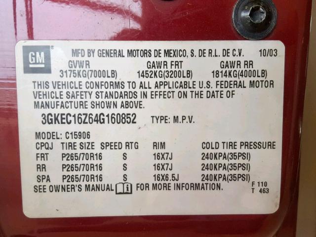 3GKEC16Z64G160852 - 2004 GMC YUKON XL C RED photo 10