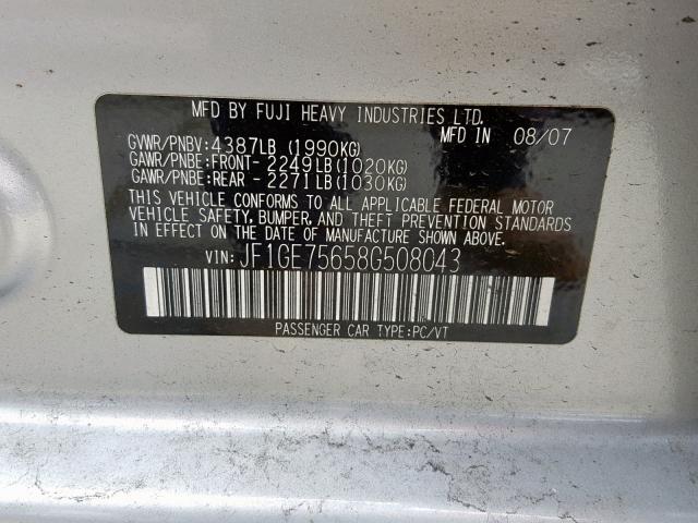 JF1GE75658G508043 - 2008 SUBARU IMPREZA WR SILVER photo 10