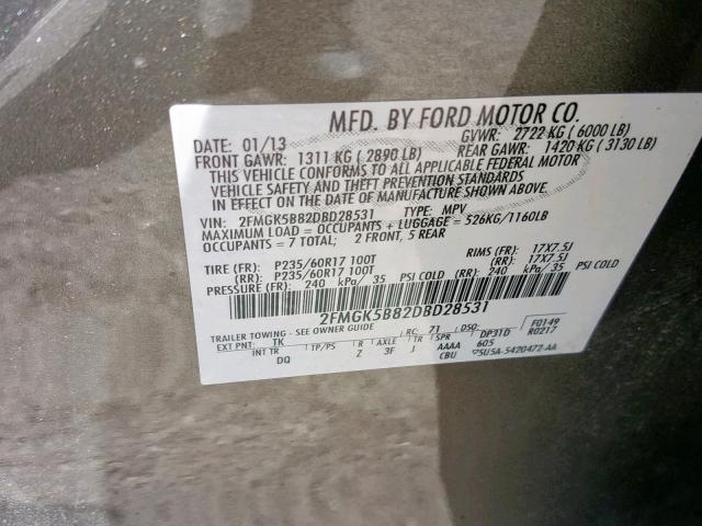 2FMGK5B82DBD28531 - 2013 FORD FLEX SE TAN photo 10