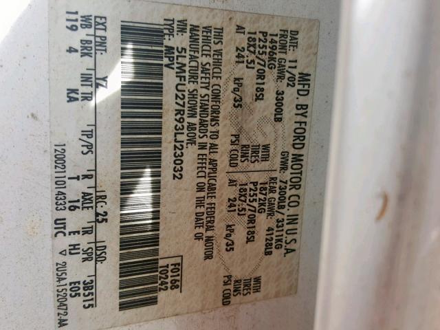 5LMFU27R93LJ23032 - 2003 LINCOLN NAVIGATOR WHITE photo 10