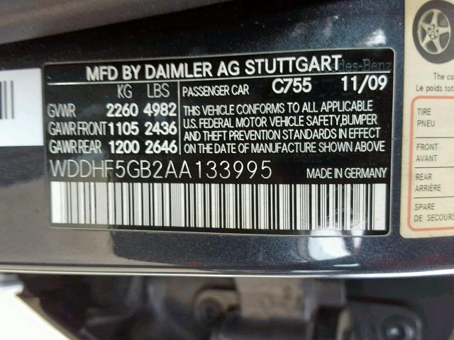 WDDHF5GB2AA133995 - 2010 MERCEDES-BENZ E 350 GRAY photo 10