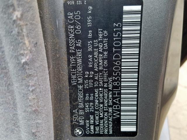 WBAHL83506DT01513 - 2006 BMW 750 I GRAY photo 10