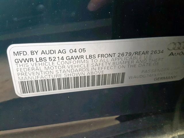 WAUDG74FX5N115376 - 2005 AUDI A6 3.2 QUA BLACK photo 10