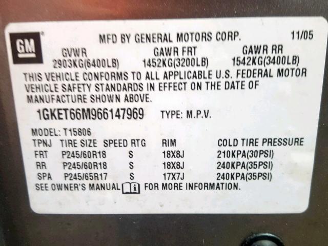 1GKET66M966147969 - 2006 GMC ENVOY DENA GRAY photo 10