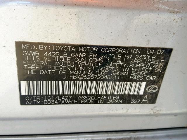 JTHBK262872048611 - 2007 LEXUS IS 250 GRAY photo 10